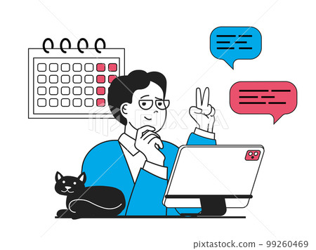 Freelance concept with character situation. Freelancer plans work processes on calendar, communicates with customers online from home. Vector illustration with people scene in flat design for web 99260469