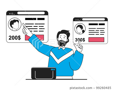 Freelance concept with character situation. Manager chooses best candidate on freelancer site for remote work in company staff team. Vector illustration with people scene in flat design for web Freelance concept with character situation. Manager chooses best candidate on freelancer site for remote work in company staff team. Vector illustration with people scene in flat design for web 99260485