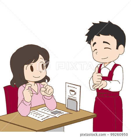 A customer who answers with a clerk who serves customers with cute touch sign language 99260950