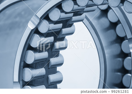 The cylindrical rolling bearing parts in light blue scene. The cylindrical rolling bearing parts in light blue scene. 99261281