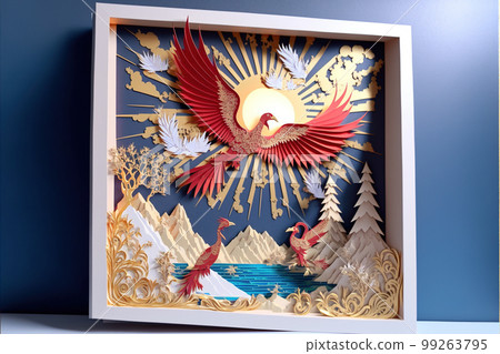 Paper cut art style image of pheonix rising 99263795