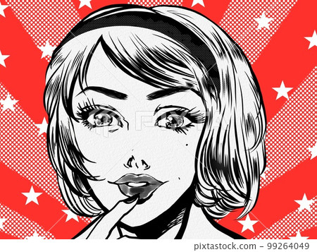 Monochrome portrait illustration of a blond American beautiful woman in a 60's retro American comic and the Stars and Stripes background Monochrome portrait illustration of a blond American beautiful woman in a 60's retro American comic and the Stars and Stripes background 99264049