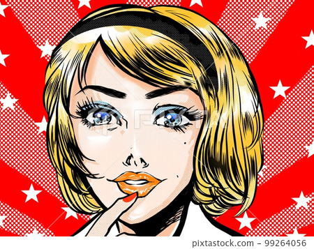 60年代復古風美漫金髮美國美女肖像和星條旗背景插畫 60年代復古風美漫金髮美國美女肖像和星條旗背景插畫 99264056
