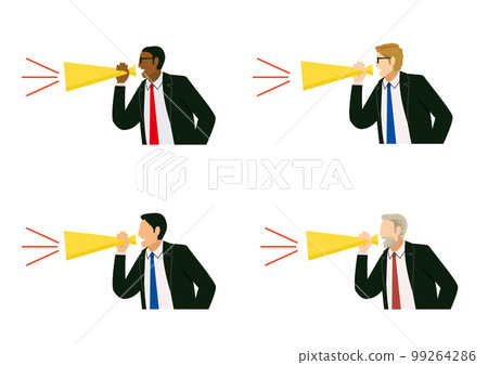 Set of 4 upper body illustrations of men of various races shouting with a megaphone cheering megaphone loudspeaker screaming Set of 4 upper body illustrations of men of various races shouting with a megaphone cheering megaphone loudspeaker screaming 99264286