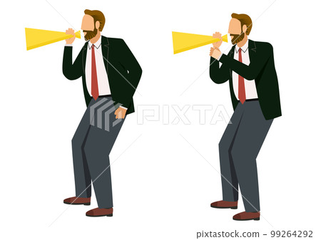 Set of 2 illustrations of an 8 life-sized European man in a shouting pose holding a megaphone cheering megaphone loudspeaker screaming Set of 2 illustrations of an 8 life-sized European man in a shouting pose holding a megaphone cheering megaphone loudspeaker screaming 99264292