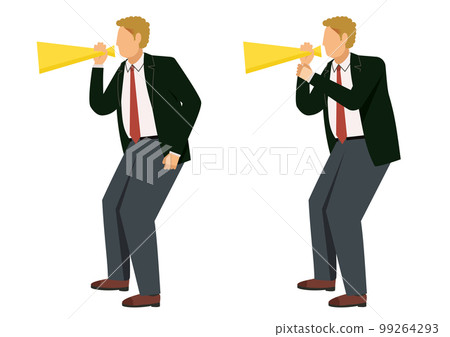 Set of 2 illustrations of an 8 life-sized Caucasian man in a shouting pose holding a megaphone cheering megaphone loudspeaker screaming Set of 2 illustrations of an 8 life-sized Caucasian man in a shouting pose holding a megaphone cheering megaphone loudspeaker screaming 99264293