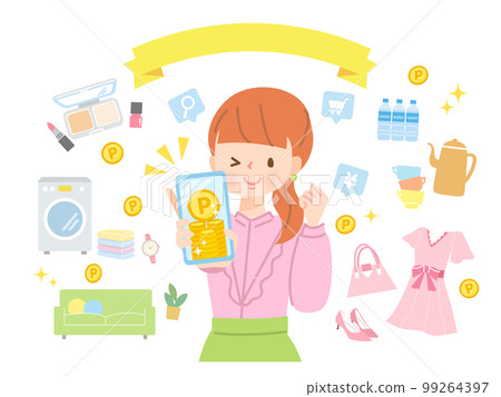 Image illustration material of a young woman who is active on a smartphone 99264397