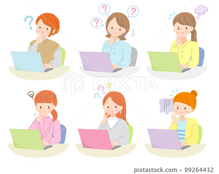 Facial expression set of a confused young woman looking at a personal computer 99264432