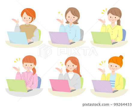 Facial expression set of a young woman who guides by looking at a personal computer 99264433