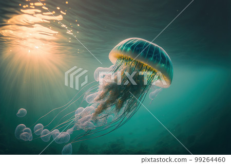 Underwater scene of jellyfish floating in sun rays below surface of the ocean 99264460