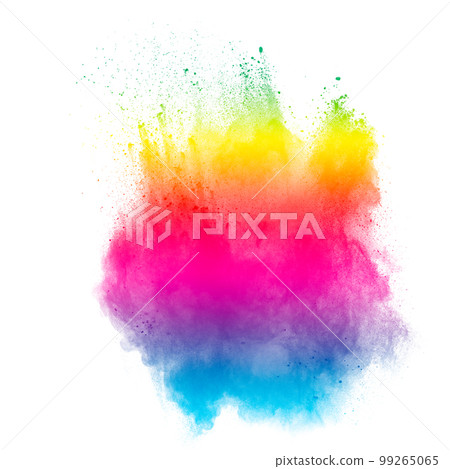 Explosion of colorful pigment powder on white background.Vibrant color dust particles textured background. 99265065