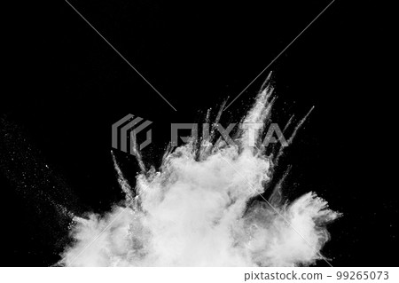 White powder explosion cloud against black background. White dust particles splash. White powder explosion cloud against black background. White dust particles splash. 99265073