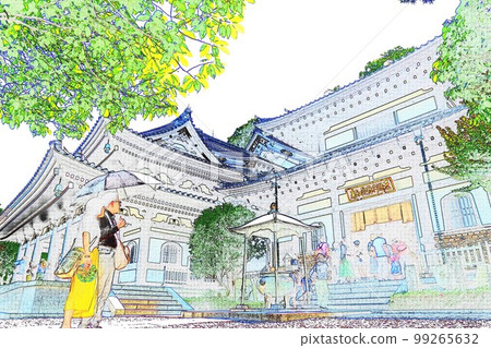 Kamakura Hase-dera 的 Kannon-do 和 Amida-do，水彩風格插圖 99265632