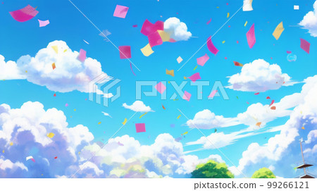 Confetti flutters in the anime-style sky and clouds, clear weather, refreshing event 99266121