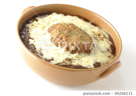 A grilled curry with plenty of cheese and hamburger on a white background A grilled curry with plenty of cheese and hamburger on a white background 99266231