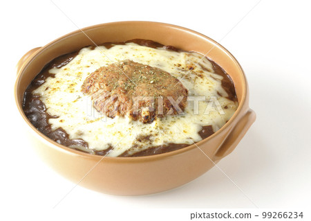 A grilled curry with plenty of cheese and hamburger on a white background 99266234