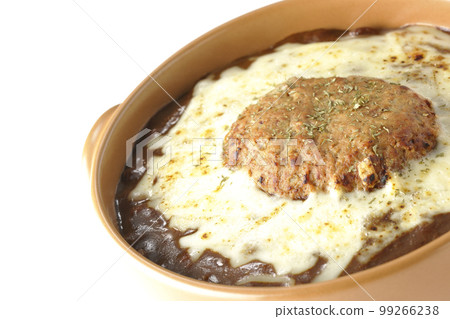 A grilled curry with plenty of cheese and hamburger on a white background A grilled curry with plenty of cheese and hamburger on a white background 99266238