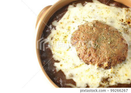 A bird's-eye view shot of grilled curry with plenty of cheese and hamburger on a white background 99266267