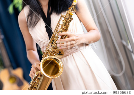 Young woman saxophonist with an instrument stands by the window. Cozy home interior. Concept of hobbies, development of talents,music school. Young woman saxophonist with an instrument stands by the window. Cozy home interior. Concept of hobbies, development of talents,music school. 99266688