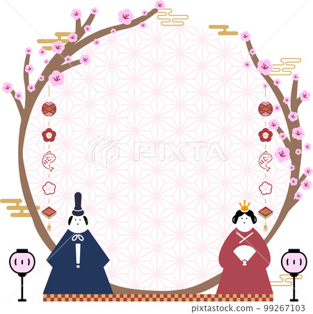 Hinamatsuri circle frame template decorated with traditional Japanese ornaments and hina dolls 99267103
