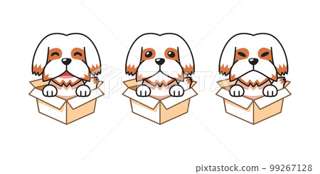 Vector cartoon illustration set of cute shih tzu dog showing different emotions in cardboard boxes 99267128