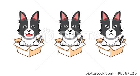 Vector cartoon illustration set of shepherd dog showing different emotions in cardboard boxes 99267129
