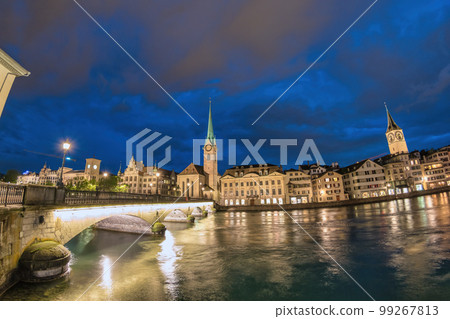 Zurich Switzerland, night city skyline at Fraumunster Church and Munster Bridge 99267813