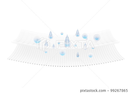 3d synthetic fiber hair absorbent layer with sanitary napkin, ventilate shows water droplets for diapers, baby diaper adult concept isolated. 3d render illustration 99267865