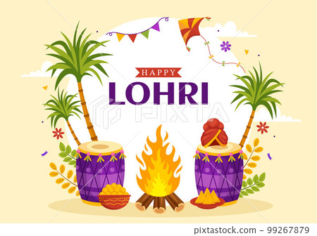 Happy Lohri Festival of Punjab India Illustration with Playing Dance and Celebration Bonfire in Flat Cartoon Hand Drawn for Landing Page Templates 99267879
