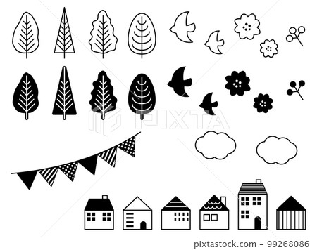斯堪的納維亞風格的插圖集，包括樹木、鳥類和房屋的黑白線條圖 99268086