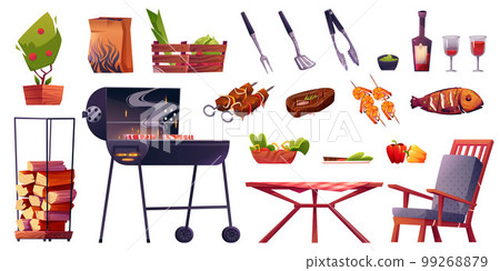 Cartoon set of food and furniture for bbq picnic Cartoon set of food and furniture for bbq picnic 99268879