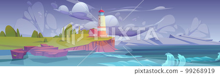 Lighthouse on sea coast. Landscape with beacon Lighthouse on sea coast. Landscape with beacon 99268919