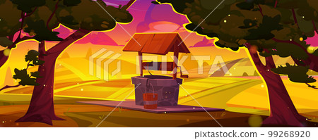 Sunset summer landscape with water well, fields 99268920