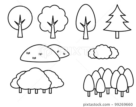 Monochrome line drawing icon set of forests, mountains and bushes 99269660