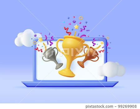 3D Winner Laptop with Gold Trophy and Confetti. 99269908