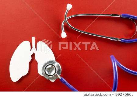 World Tuberculosis Day. Top view of lungs paper symbol and medical stethoscope on red background, copy space, lung cancer awareness, concept of world TB day, Healthcare and medicine concept 99270603