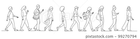 The profile of various women walking down the street. 99270794