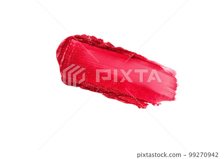 Textured smear of red lipstick isolated on white background. Smear of lip gloss or liquid eye shadow for design. 99270942