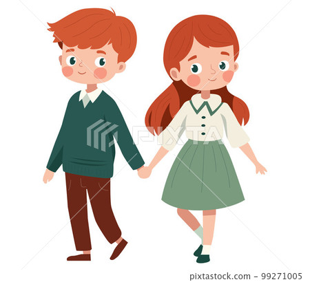 cute young characters boy and girl go hand in hand on the first date. 99271005