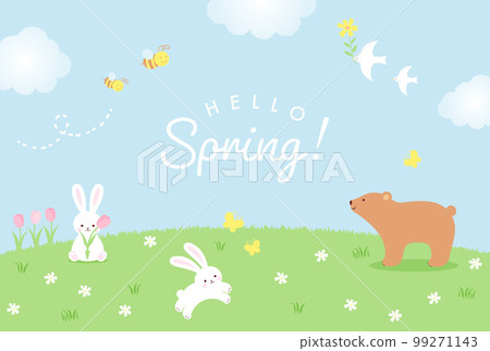 Background illustrations of spring fields and creatures (flowers, bears, rabbits, bees, butterflies, birds) 99271143