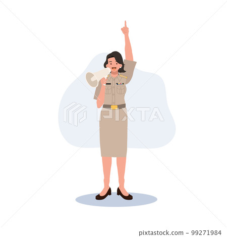 female Thai government officers in uniform. Woman Thai teacher using megaphone. Vector illustration 99271984