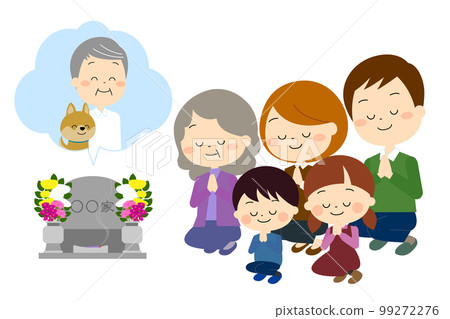 A family visiting a grandfather and a pet's grave (autumn/winter) 99272276