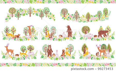 Plants and animals such as trees, flowers, and grass Illustration set 99273453