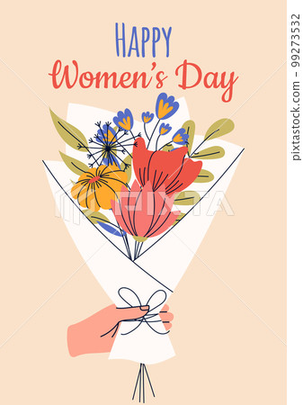 8 march, International Women's Day. Greeting card or postcard templates with bouquet of flowers for card, poster, flyer. Girl power, feminism, sisterhood concept. 99273532