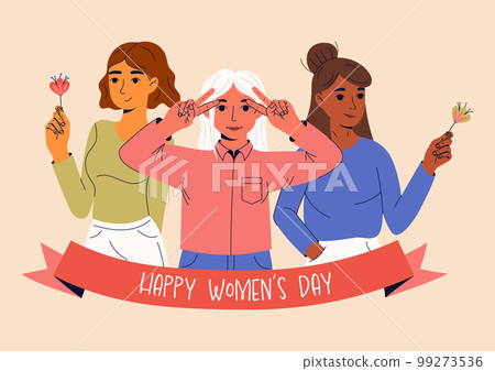 8 march, International Women's Day. Greeting card or postcard templates with young women for card, poster, flyer. Girl power, feminism, sisterhood concept. 99273536