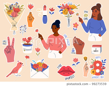 International women's day. 8 March. Sticker pack with girl power slogans and inspiration quotes 99273539