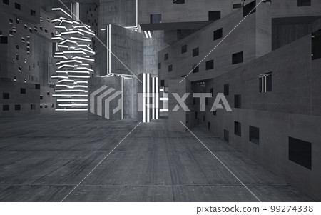 Abstract concrete interior multilevel public space with neon lighting. 3D illustration and rendering. Abstract concrete interior multilevel public space with neon lighting. 3D illustration and rendering. 99274338