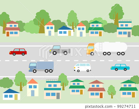 住宅區主幹道和在那裡行駛的汽車的矢量圖解 住宅區主幹道和在那裡行駛的汽車的矢量圖解 99274711