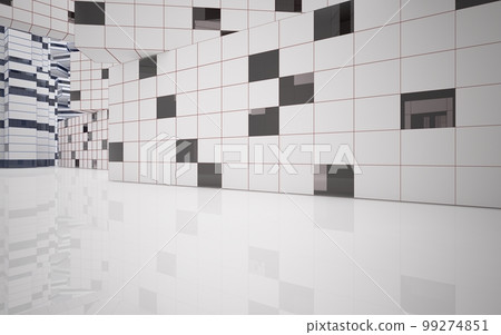 Drawing abstract architectural white interior from an array of cubes with large windows. 3D illustration and rendering. 99274851