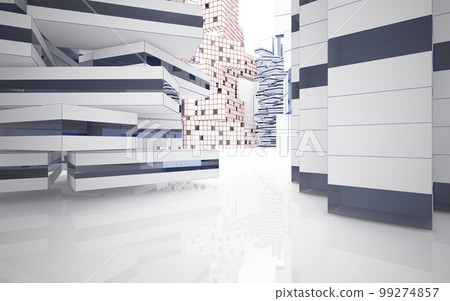 Drawing abstract architectural white interior from an array of cubes with large windows. 3D illustration and rendering. 99274857